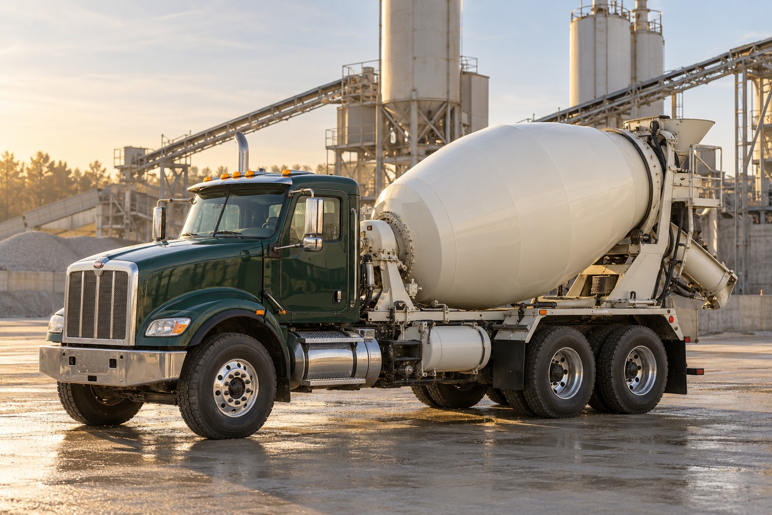 Forest green rear-discharge concrete mixer truck at a batch plant